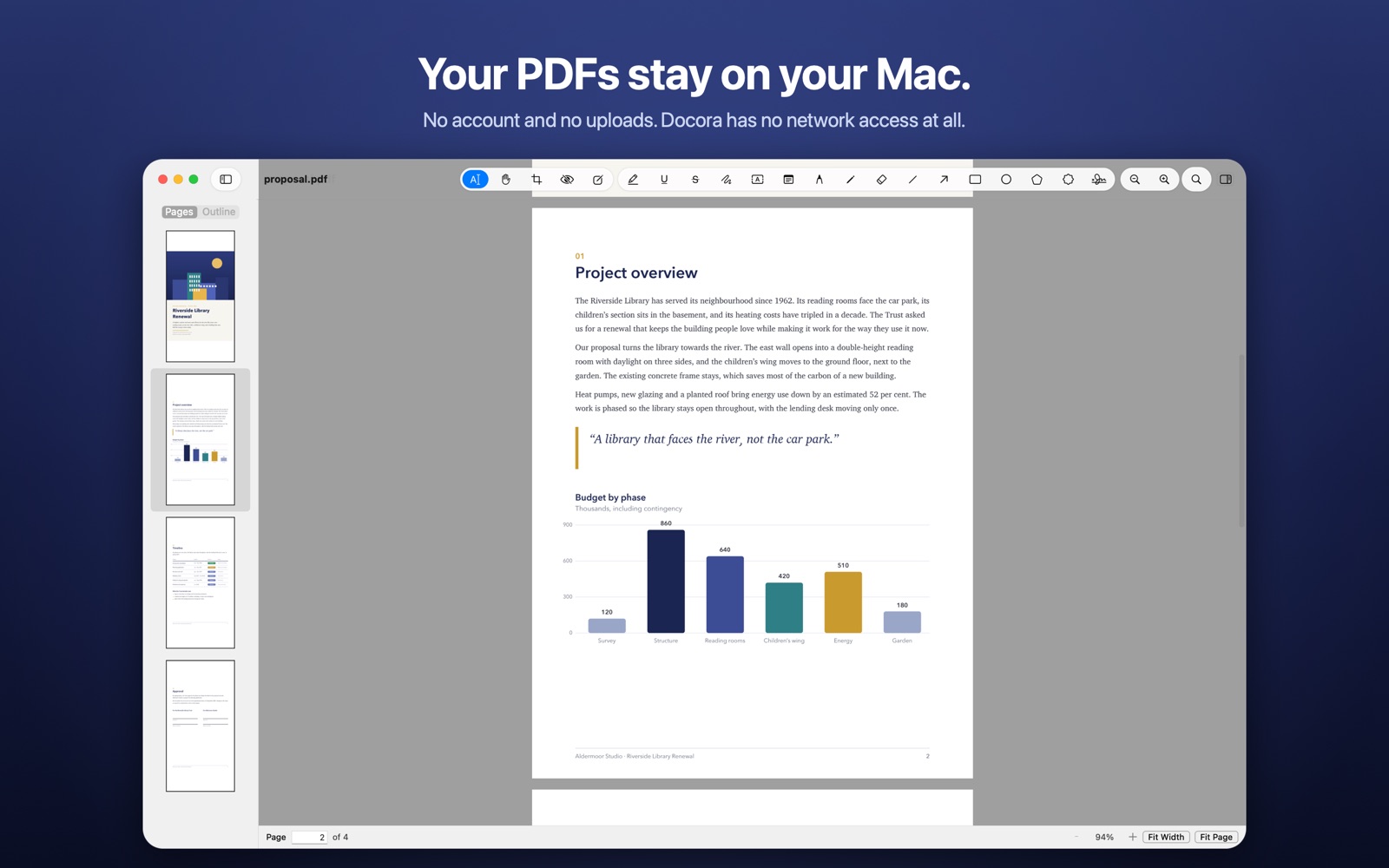 Docora showing a proposal document, under the headline: Your PDFs stay on your Mac.