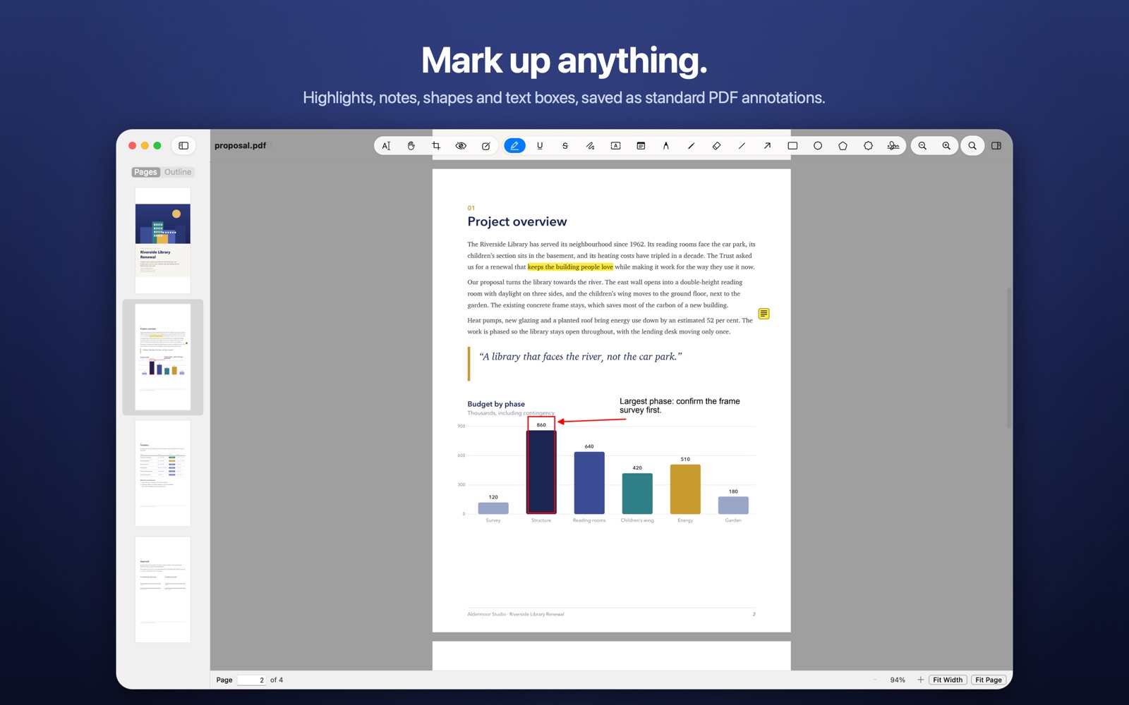 A page marked up in Docora with a highlight, a note, a box around a chart bar, an arrow and a text comment.