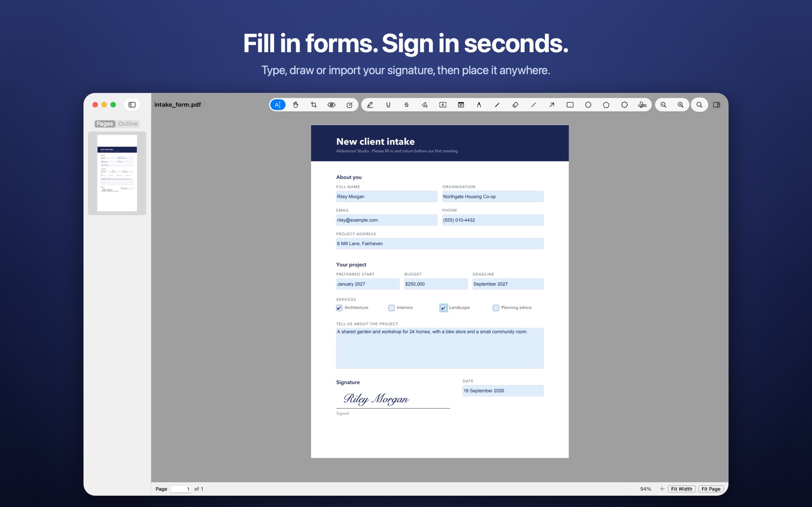 A client intake form filled in and signed in Docora.