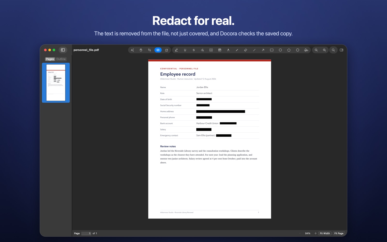 An employee record in Docora with personal details redacted as black bars.