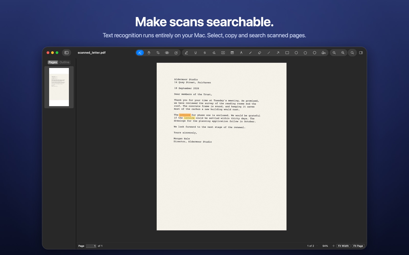 A scanned letter in Docora with the word invoice found by search after text recognition.